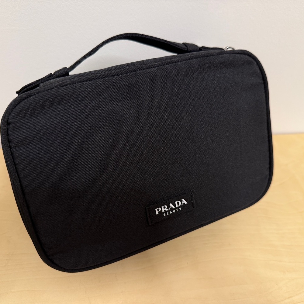 Prada Black Beauty cosmetic Organizer zipper compartments with handle brand new